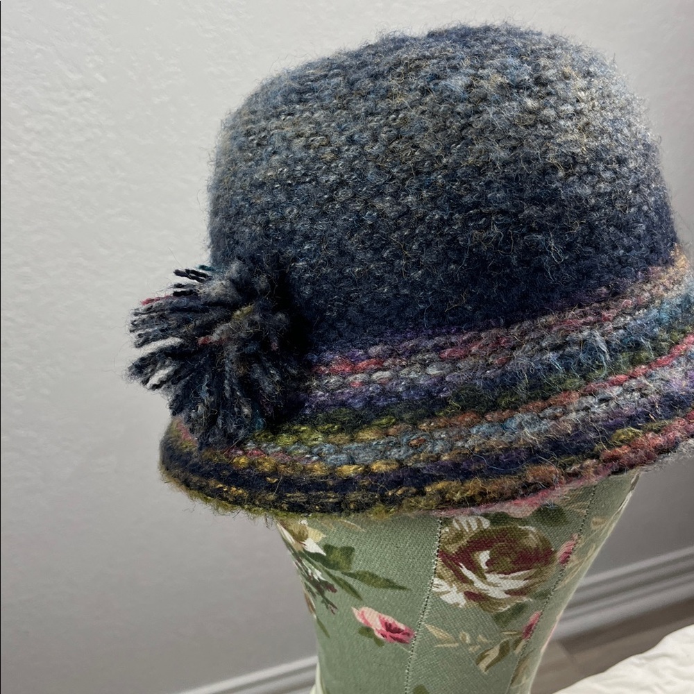 Vintage Four Buttons Blue and Multicolor Wool Blend Bucket Hat Pom Pom accent - Picture 6 of 8